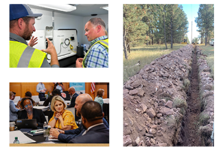A collage of photos of a road, two technicians looking at an equipment and people at a meeting