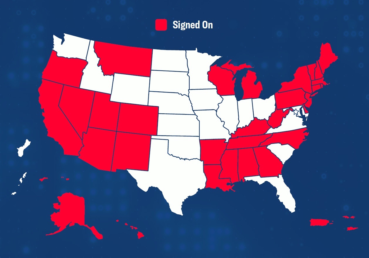 Map of America with states that have Signed On to Internet for All highlighted