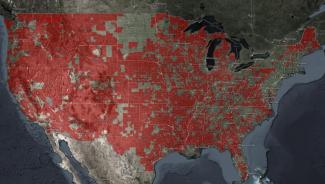 Map displaying Census tracts where median Internet speeds show fixed broadband below 25/3 Mbps, according to Ookla data.